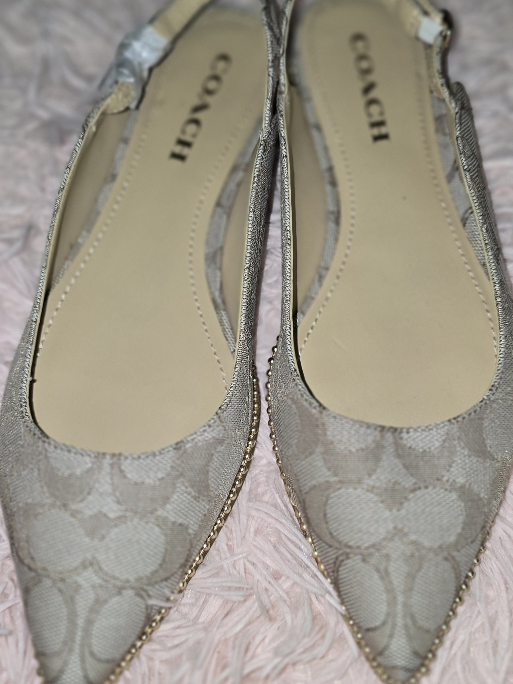 Coach Beige Signature Pointed-Toe Slingback Flats with Gold Trim